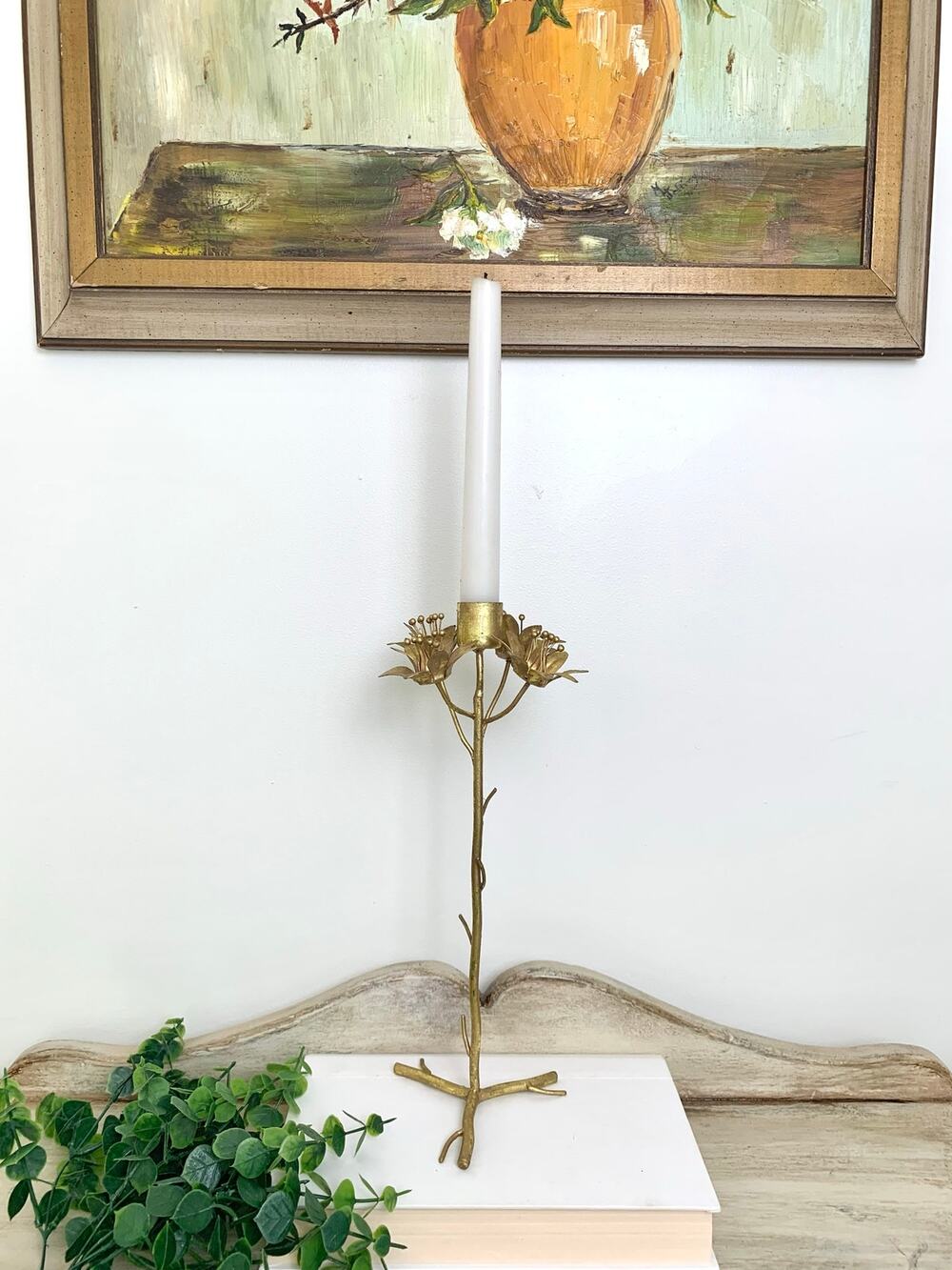Vintage Gold Tone Tole Floral Taper Candle Holder Branch Hollywood Regency Decor